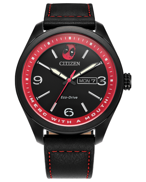 Here Comes Deadpool Black Dial Leather Strap AW0145 02W CITIZEN